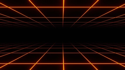 3d retro neon red orange abstract background with laser lines. Synthwave grid videogame style. Vj futuristic sci-fi 80s 90s y2k wireframe net. Two sides road. Party disco music poster	