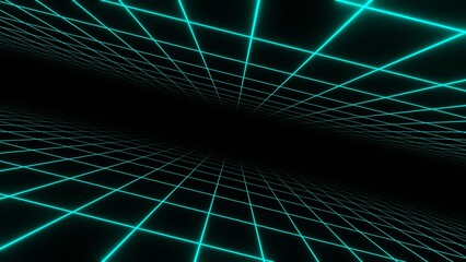 3d abstract background with lines. Neon green blue turquoise wireframe grid landscape. Disco rave poster. Retro 80s 90s sci-fi futuristic y2k  isolated black Disco music template