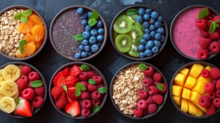 Obraz na płótnie Canvas Colorful Smoothie Bowls: Overhead shot of beautifully arranged smoothie bowls with colorful layers of fresh fruits, seeds, and granola, promoting a healthy lifestyle. 