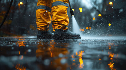 Person in yellow rain pants and black boots walking on wet pavement with raindrops and blurred lights.