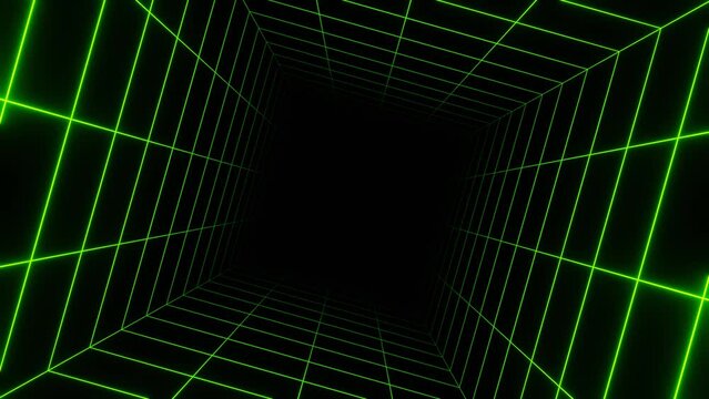 Abstract Perspective 3D neon green Grid Room. Screen Graph Paper Sheet. Texture Wireframe net Template. Vector illustration tunnel	