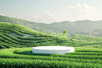 podium and minimal white product display scene with green tea field and nature background.
