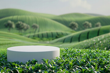 close-up podium and minimal white product display with green tea field and nature background.