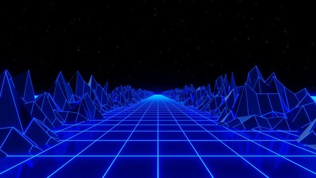 3d blue neon 80s 90s retrowave grid wireframe road. Retro cyberpunk futuristic background. Glow and shine synthwave 4k y2k. Music party disco template poster Animation 30fps loop	
