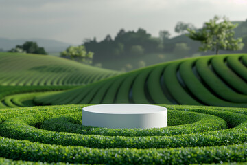 podium and minimal white product display with green tea field and showcase nature background.