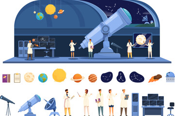 Scientist astronomer icons set cartoon vector. Telescope discovery universe. Galaxy celestial - obrazy, fototapety, plakaty