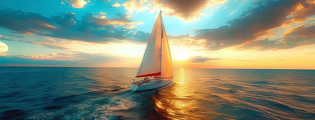 Foto op Plexiglas Sailboat at sunset on calm sea with vibrant sky, concept of adventure and travel © Gayan