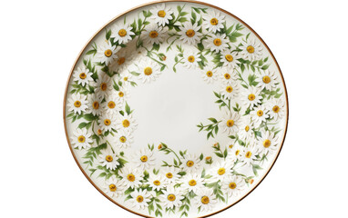 A white plate featuring a vibrant arrangement of yellow and green flowers. Isolated on a Transparent Background PNG.