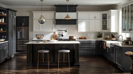 Fototapeta na wymiar A contemporary kitchen with two toned cabinets, featuring white upper cabinets and dark gray lower cabinets for a modern contrast