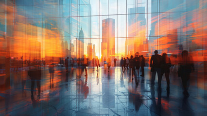 Businesspeople walking in a financial office building district with skyscrapers during sunset, futuristic mood