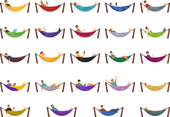 Man relax hammock icons set cartoon vector. Beach vacation. Male character rest - obrazy, fototapety, plakaty