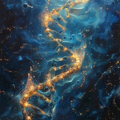 Obraz premium DNA helix intertwined with the glowing trails of comets symbolizing the cosmic origin of life with ethereal beings tracing the strands