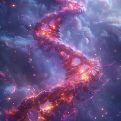 DNA helix intertwined with the glowing trails of comets symbolizing the cosmic origin of life with ethereal beings tracing the strands