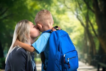 School child with backpack  go to school with mom