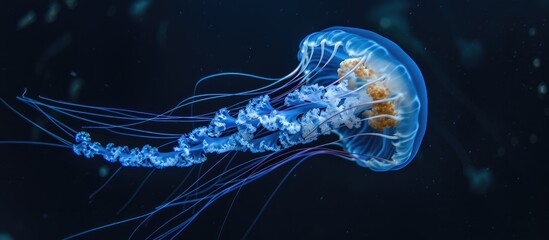 A majestic jellyfish gracefully gliding through the deep blue ocean with a translucent bell and trailing tentacles. - obrazy, fototapety, plakaty