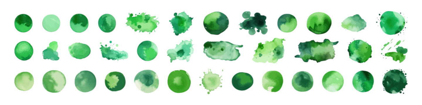 Watercolor splash set. Abstract green splash.