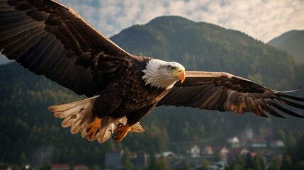 Obraz premium A bald eagle flies high observing its prey against the backdrop of a dense forest