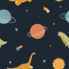 Beautiful childish seamless pattern with hand drawn cute dinosaurs travelling in cosmos with planets and stars. Colorful kids background. - 740037909