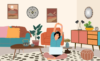 Freelancer girl with laptop, sitting on the floor in comfortable mid century modern living room. Young woman working from home. Female character in interior scene vector illustration.