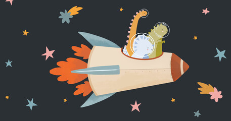 Beautiful childish composition with hand drawn cute dinosaurs travelling by spaceship in cosmos with planets and stars.