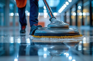 Close-up of a floor polishing machine in use at a commercial building, with a worker in the background.