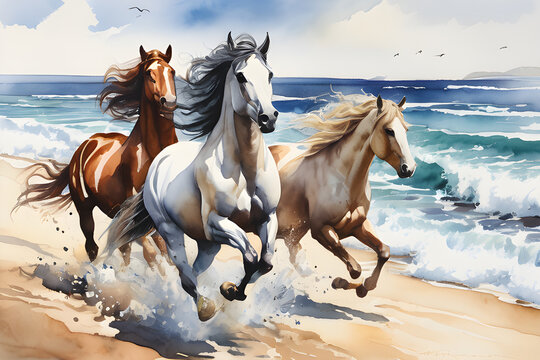 Oil painting horse running beach, oil painting artwork.