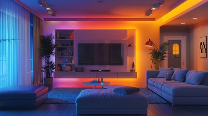 a TV lounge with adjustable lighting options, allowing for different moods depending on the time of day