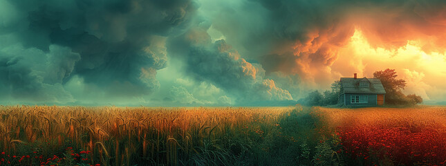 Dramatic landscape with a lone house amidst a fiery sunset and stormy skies over a golden field.