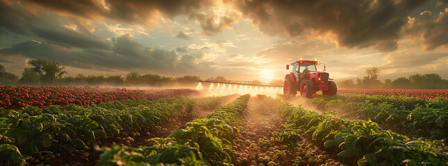 Tractor plowing field at sunset with dramatic sky, illustrating agriculture and farming.