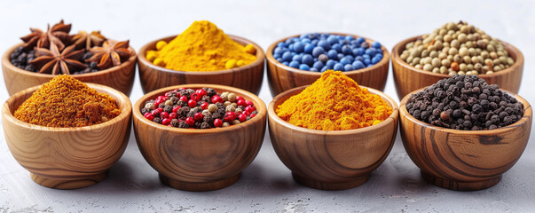 Assorted spices in wooden bowls on a white background, including turmeric, coriander, chili, and peppercorns.