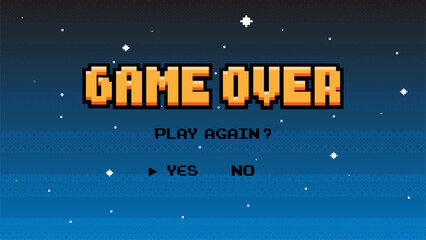 Game Over with starry sky on background. Pixel art 8-bit retro video arcade style with play again.