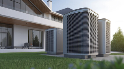 Outdoor unit of air source heat pump near the house, heating and cooling the house