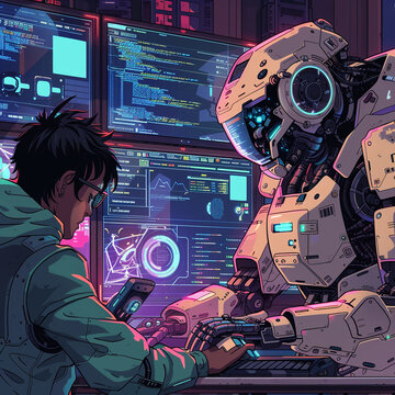 A programmer coding with a robot together they bring to life vibrant graphics on multiple screens around them
