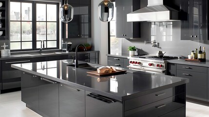 A sleek monochromatic kitchen with charcoal gray cabinets and matching countertops for a seamless and cohesive look
