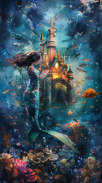 A young child in dreamy pajamas and a friendly mermaid exploring a magical underwater castle surrounded by fish