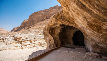 Cave in Qumran National Park an archaeological site near Dead Sea in palestine. Where the Dead Sea Scrolls were found. Cave