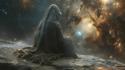 Hooded sage on a space rock meditating surrounded by orbiting debris of enlightenment