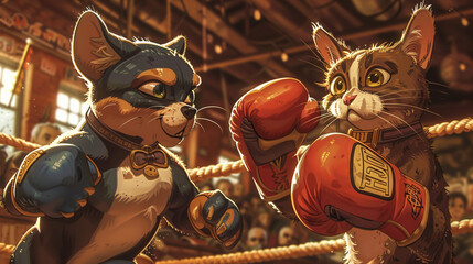 Cartoonish dog and cat in a comic style boxing match wearing oversized gloves crowd cheering - obrazy, fototapety, plakaty