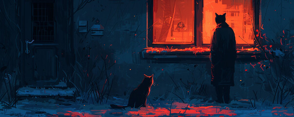Cat mafia boss in front of a vintage house giving orders to a dog lieutenant under the cover of dusk