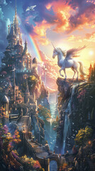 Dawn in a fantasy city a lone unicorn meets an angel rainbow bridges the sky fairy tale serenity