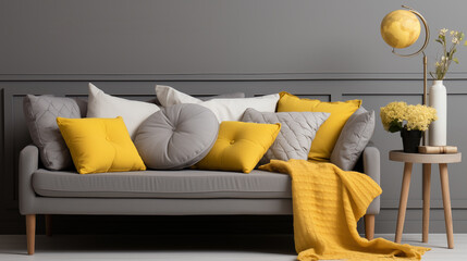 gray background, yellow pillows and moon, World Sleep day