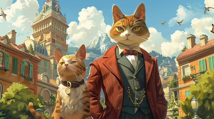 Dapper cat in a mafia suit standing in front of a luxurious house with a loyal dog by its side as the lookout - obrazy, fototapety, plakaty