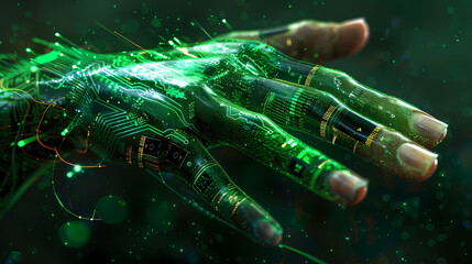 Cybernetic Hand With Circuitry and Green Illumination