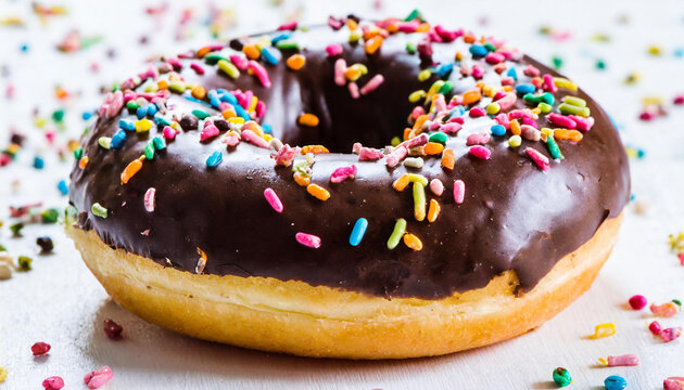 Chocolate glazed donut with sprinkles on a white background