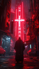 In the heart of a 2050s metropolis a church combines ancient faith with futuristic aesthetics led by a priest in 80s style clothing merging past and future - obrazy, fototapety, plakaty