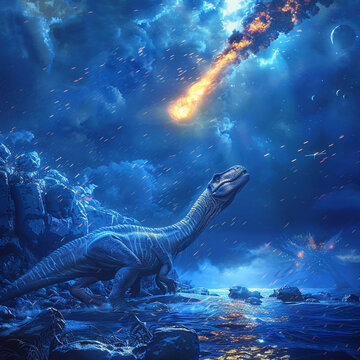 In the deep blue a curious dinosaur gazes up at a meteorite piercing the waters surface a collision of worlds