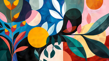 Vibrant Abstract Mural of Botanical Elements