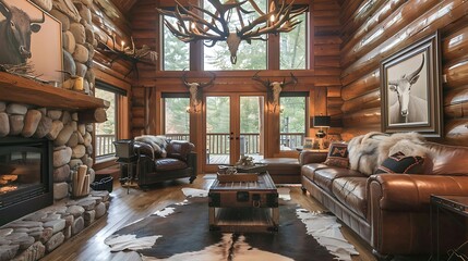 A rustic chic living room with a leather sofa, cowhide rug, and antler chandelier