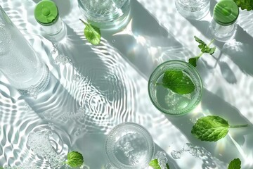 Cosmetic skincare background. Herbal medicine with green leaves. Natural sunlight, long shadows. Splashes of water, splashes. Natural skincare background. generative ai.