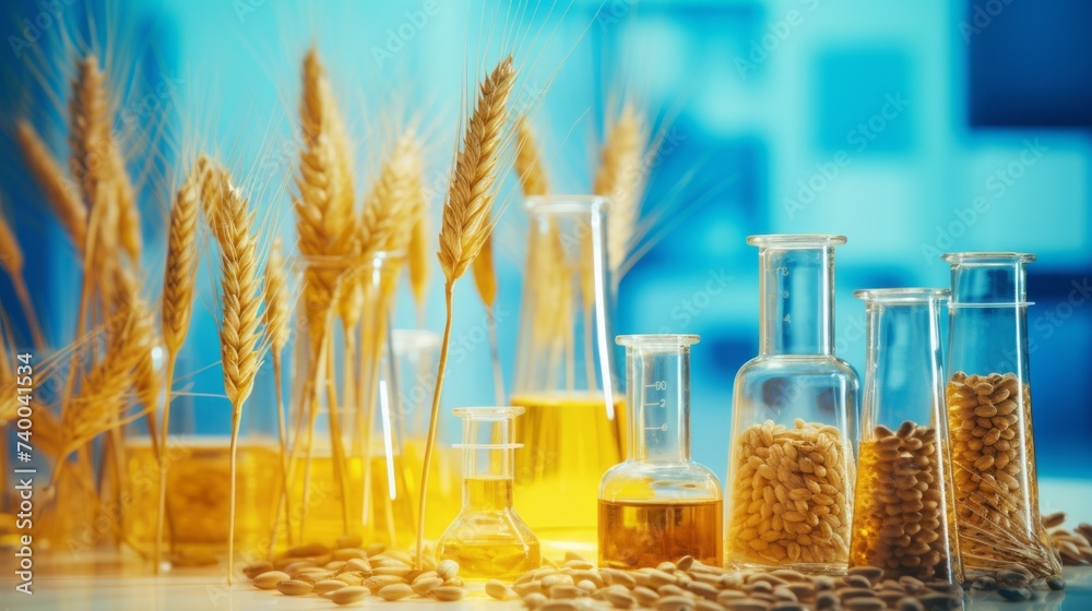 Poster Close-up of various wheat varieties and ears in glass flasks. Grain analysis of Genetically modified wheat in the laboratory. Quality control of grain crops, Plants with chemicals and pests.